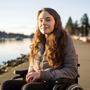 Young woman in wheelchair sitting outdoors